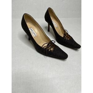 Jimmy Choo London Designer Lace Up Bow Detail square Pointed Toe Kitten Heels
